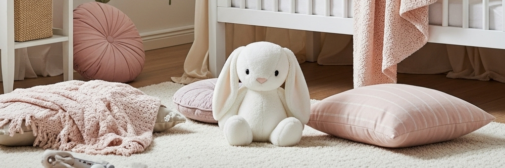 A white stuffed bunny, Snory, sitting on a rug in a child's room